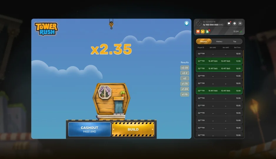 Écran de gain avec multiplicateur élevé sur Tower Rush